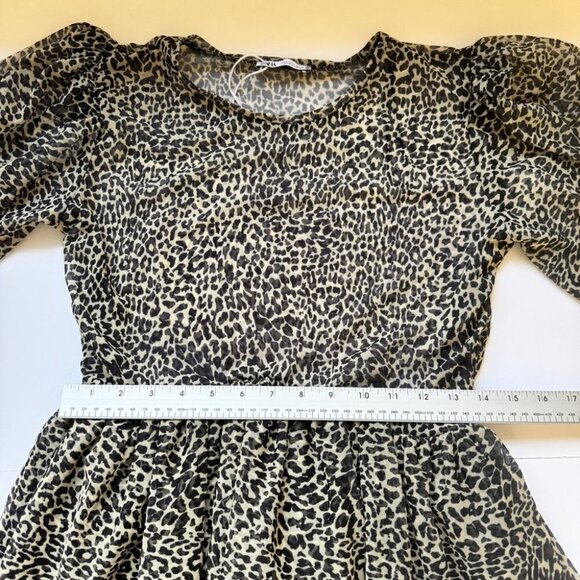 Zara Dress Leopard Animal Print Tulle Tiered Skirt Mesh Short Sleeve Sz L - Picture 10 of 16